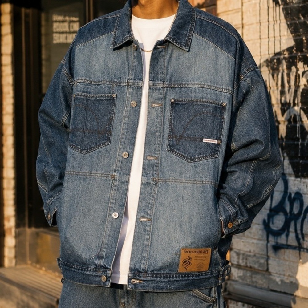 Vintage Rocawear Patchwork Denim Trucker Jacket 4XL Y2K Hip Hop Streetwear